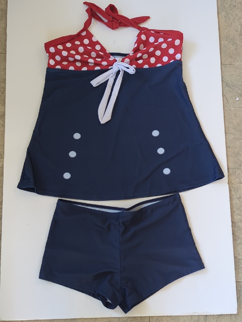 Retro Polka Dot Halter Tankini Top - Red, White & Navy. Boy Shorts Bottoms.